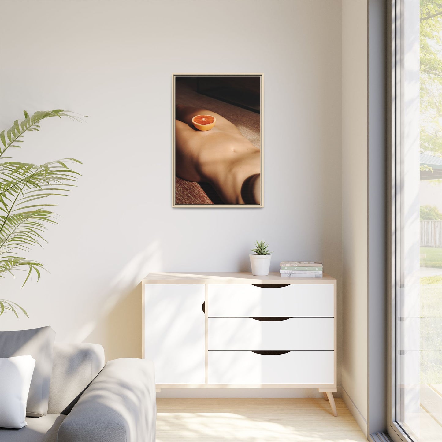 Framed Matte Canvas Wall Art — Minimal Nude Still Life with Grapefruit