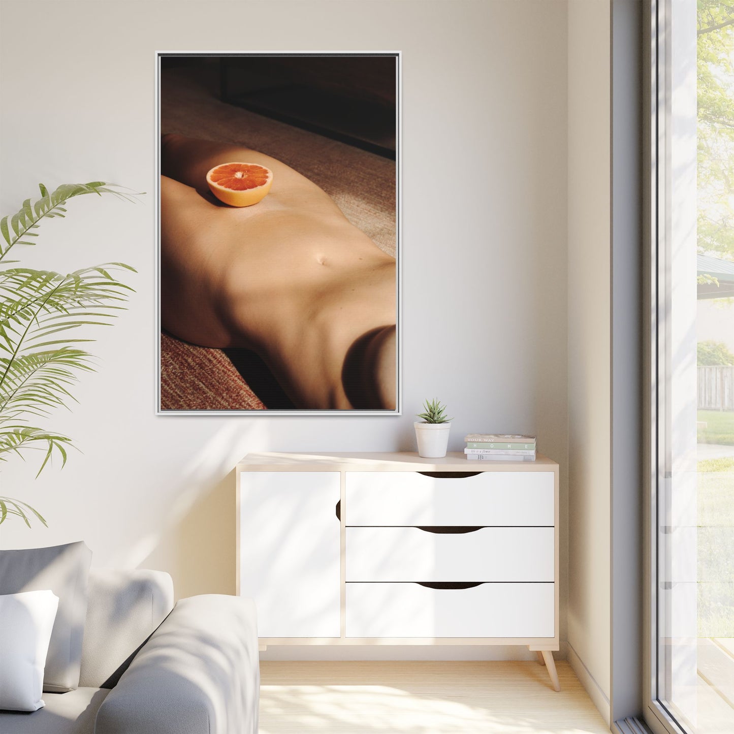 Framed Matte Canvas Wall Art — Minimal Nude Still Life with Grapefruit