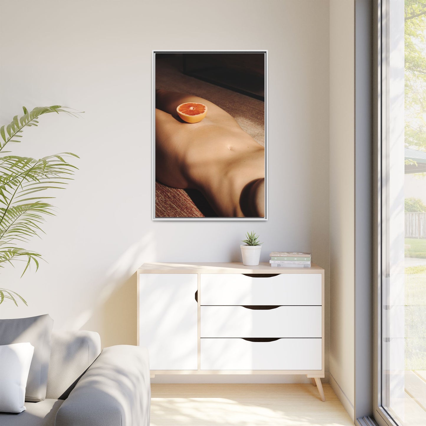 Framed Matte Canvas Wall Art — Minimal Nude Still Life with Grapefruit