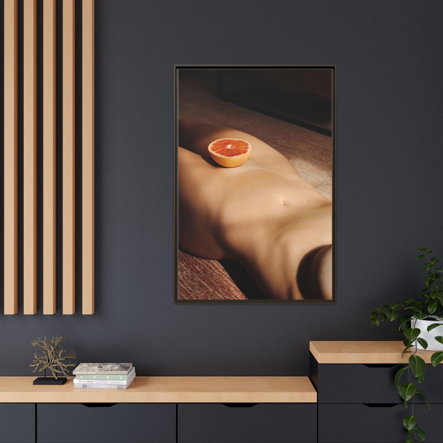 Framed Matte Canvas Wall Art — Minimal Nude Still Life with Grapefruit