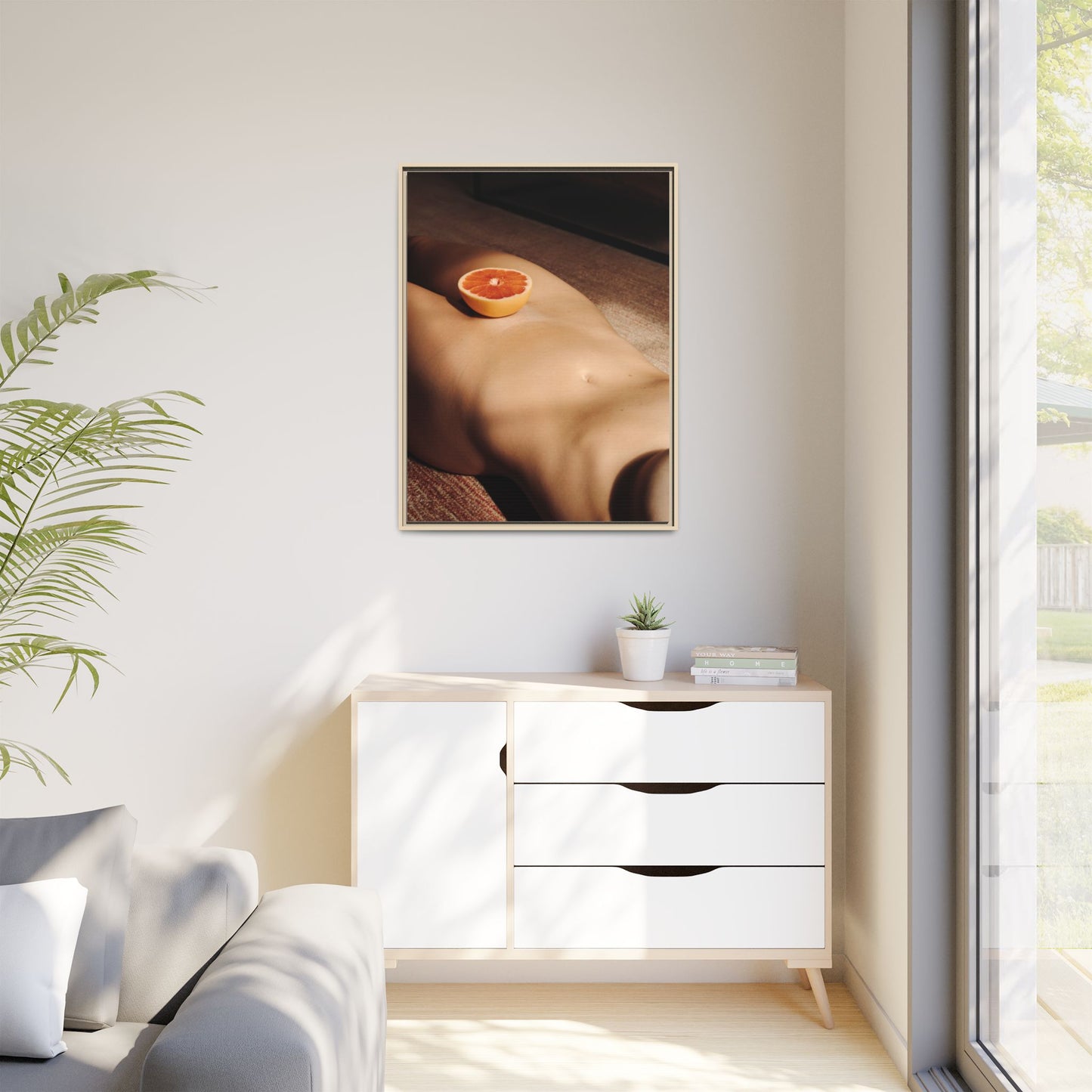 Framed Matte Canvas Wall Art — Minimal Nude Still Life with Grapefruit