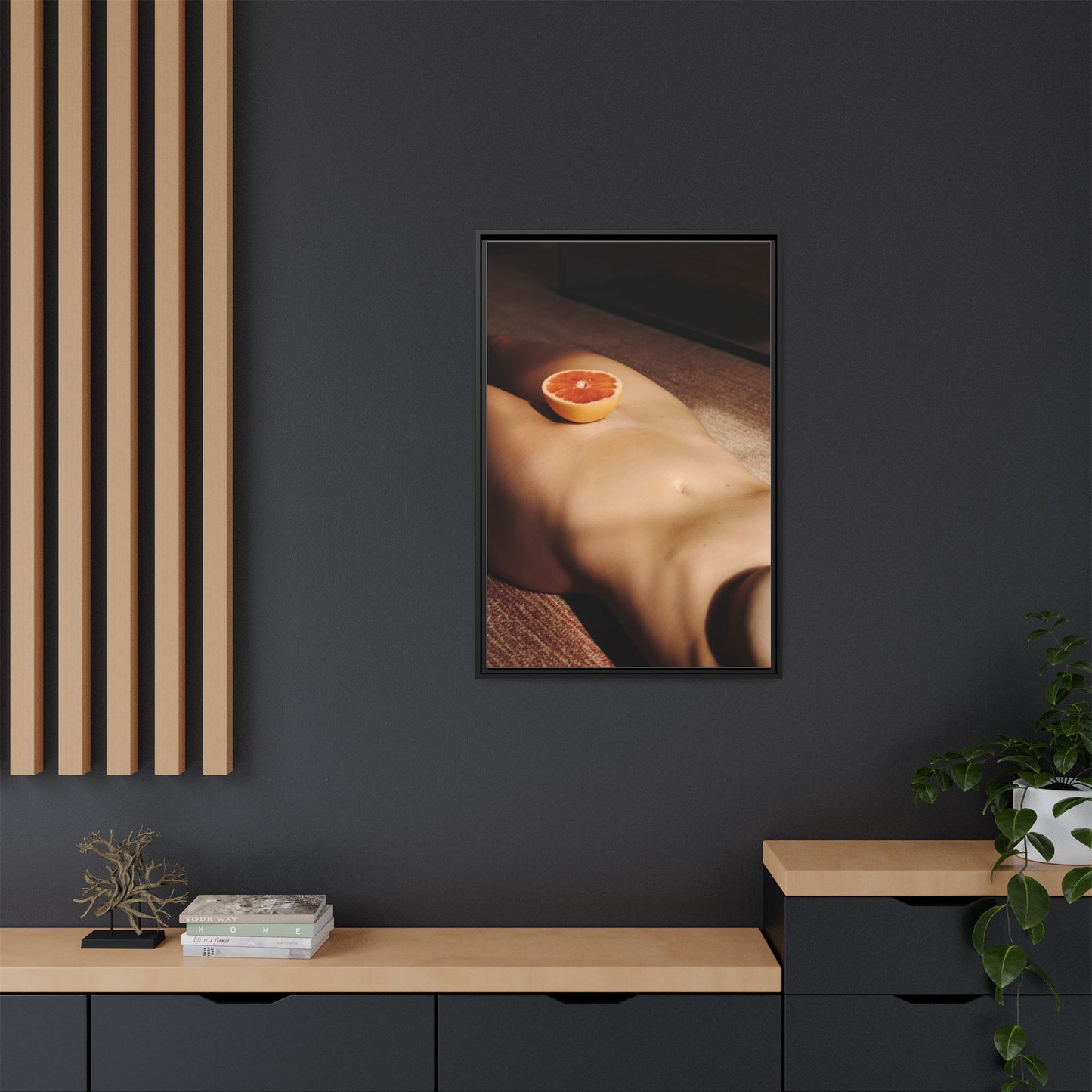 Framed Matte Canvas Wall Art — Minimal Nude Still Life with Grapefruit