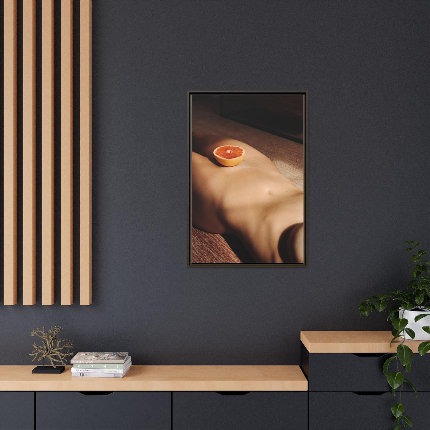 Framed Matte Canvas Wall Art — Minimal Nude Still Life with Grapefruit