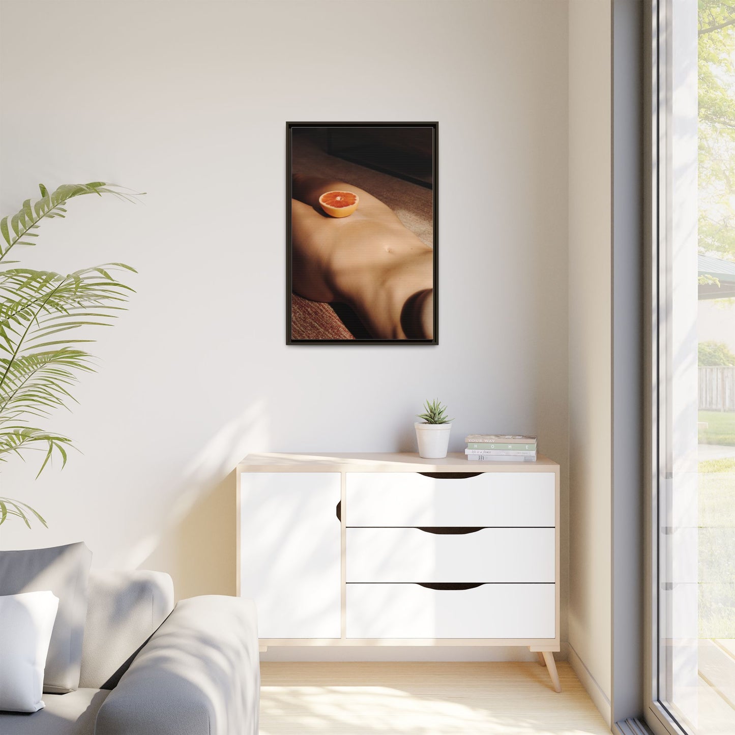 Framed Matte Canvas Wall Art — Minimal Nude Still Life with Grapefruit