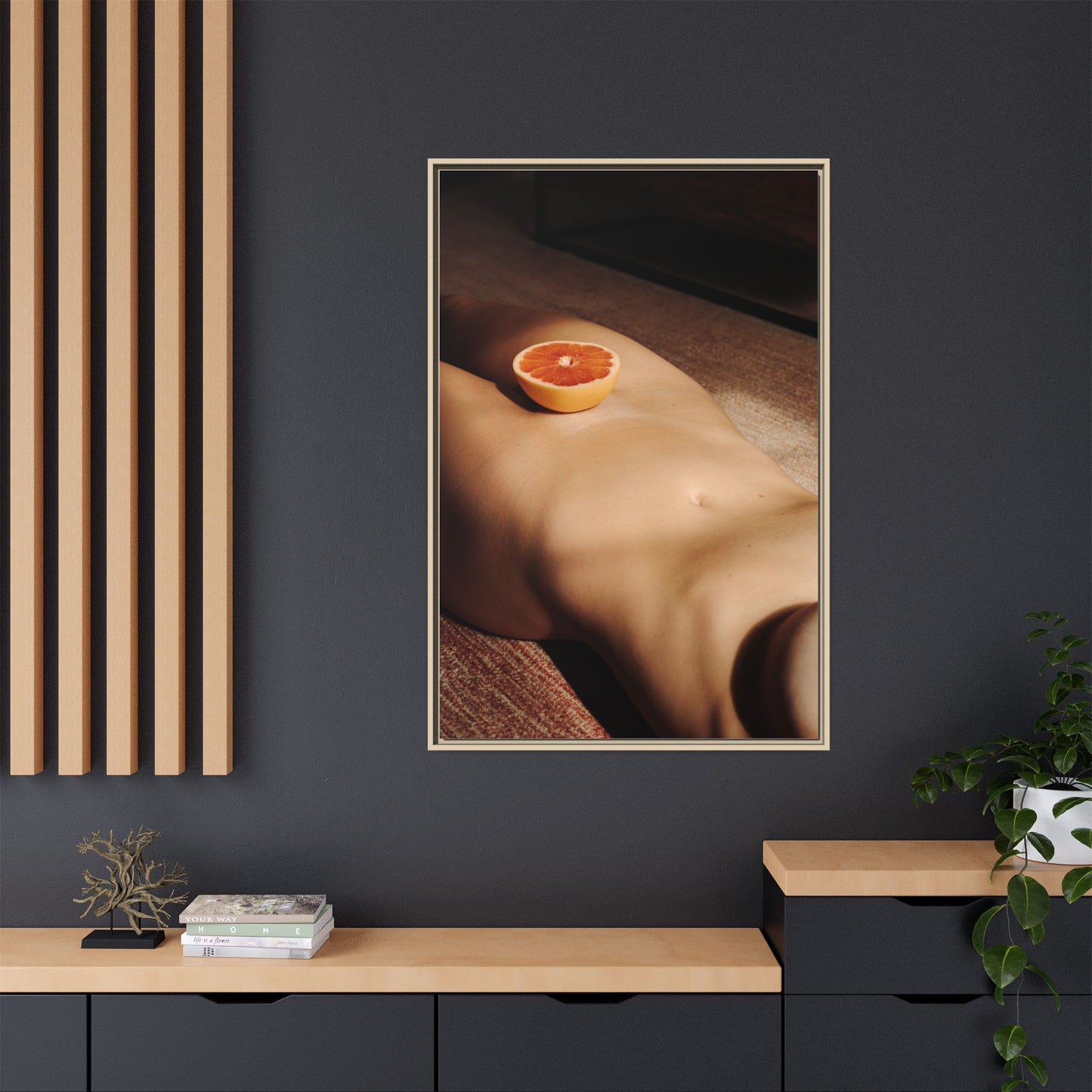 Framed Matte Canvas Wall Art — Minimal Nude Still Life with Grapefruit