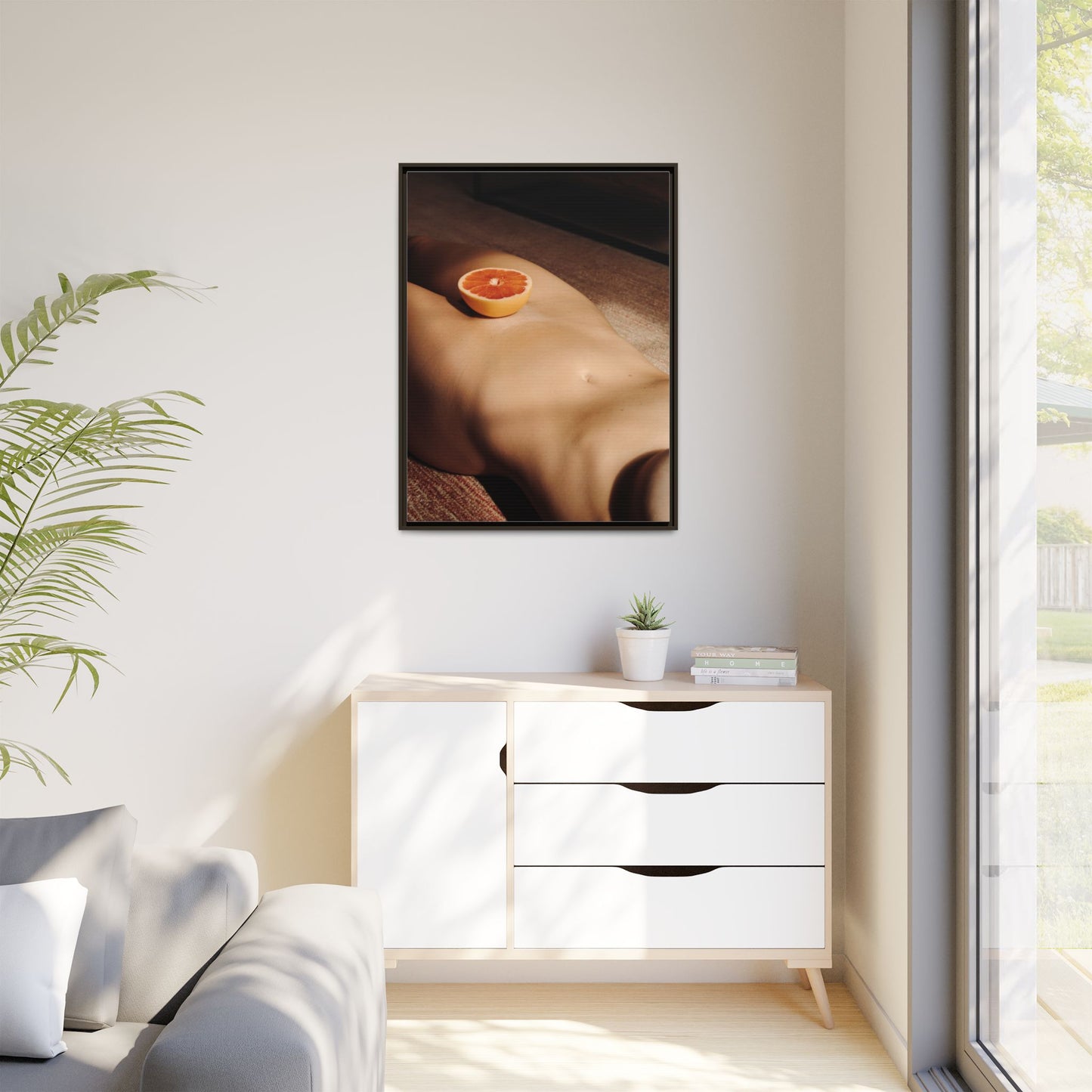 Framed Matte Canvas Wall Art — Minimal Nude Still Life with Grapefruit
