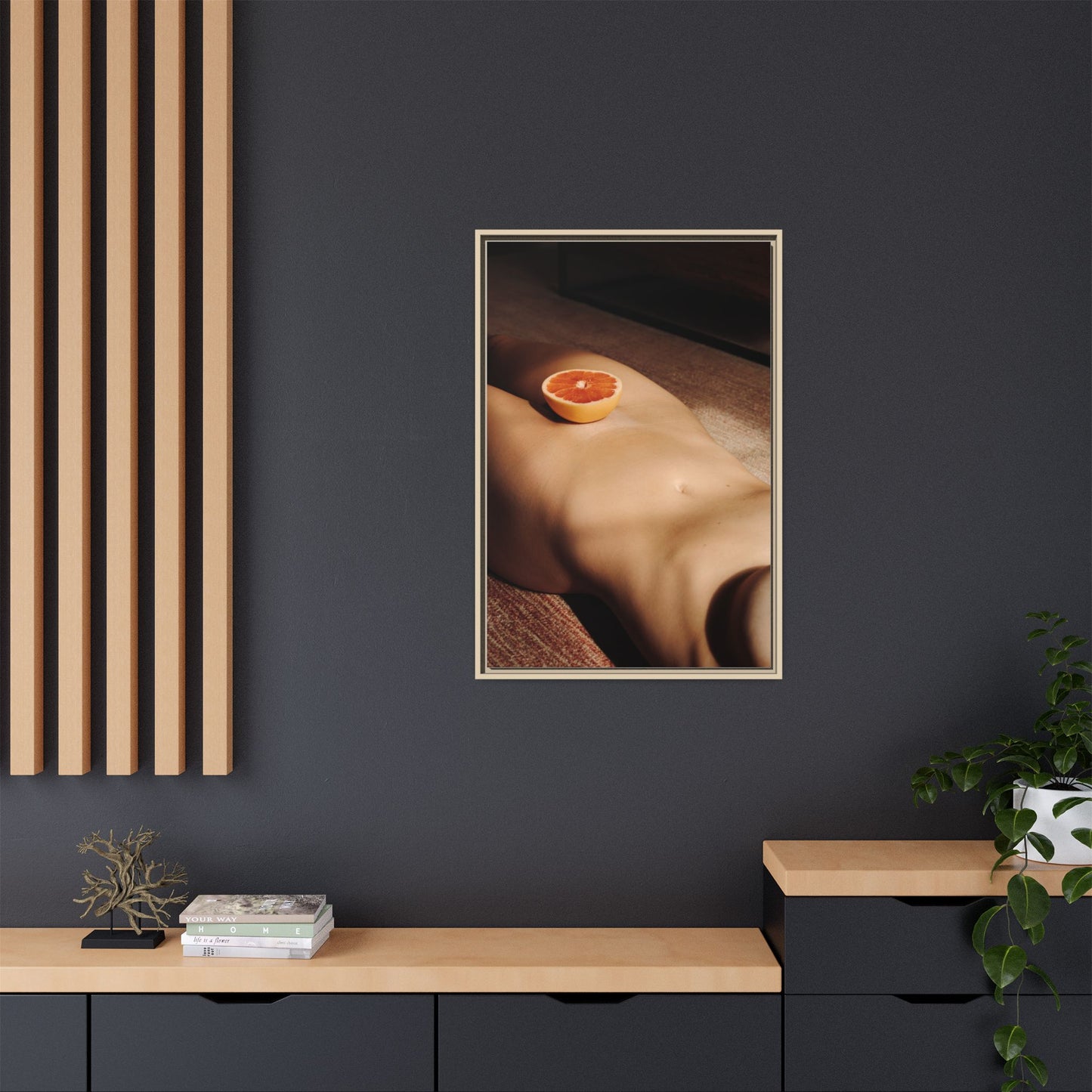Framed Matte Canvas Wall Art — Minimal Nude Still Life with Grapefruit