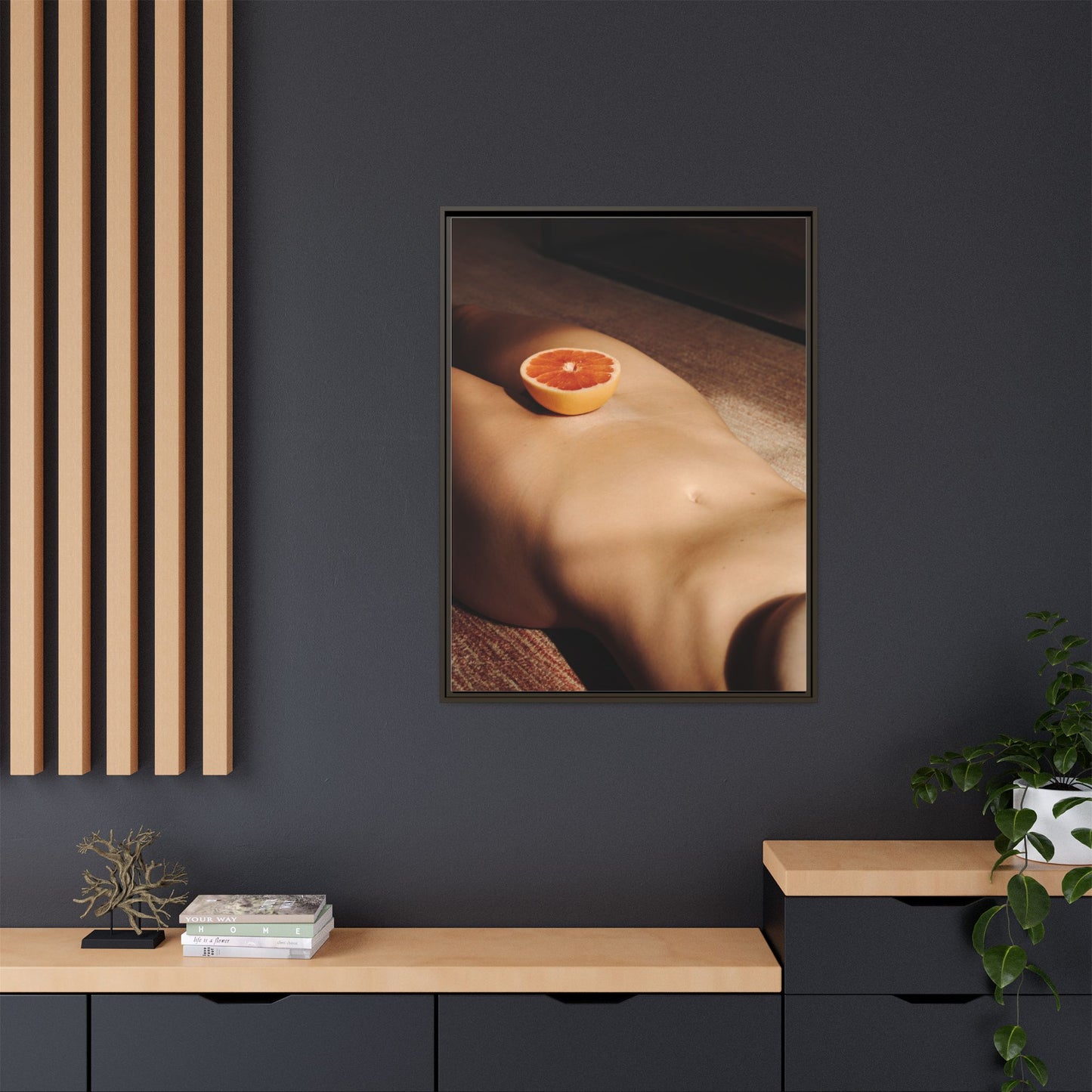 Framed Matte Canvas Wall Art — Minimal Nude Still Life with Grapefruit