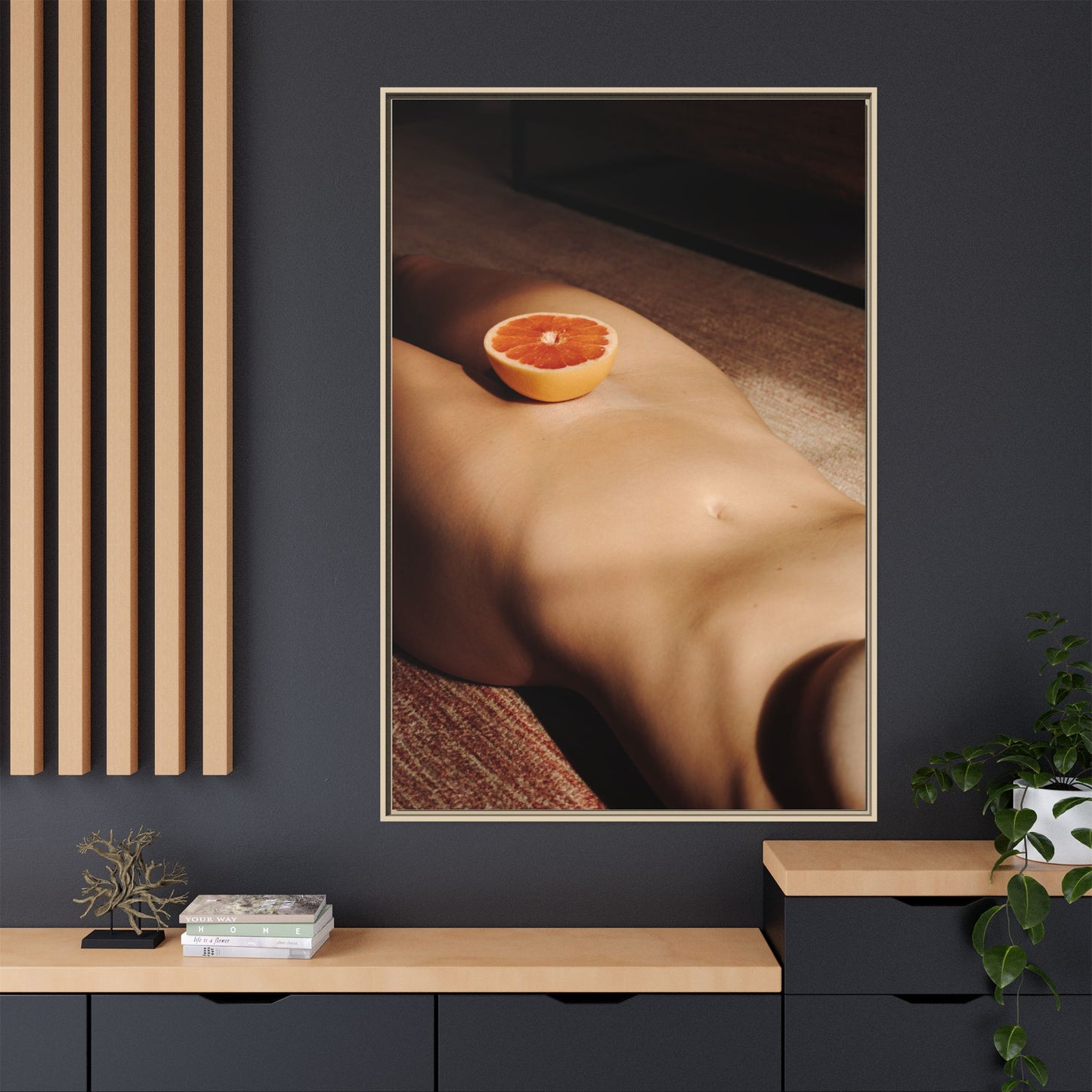 Framed Matte Canvas Wall Art — Minimal Nude Still Life with Grapefruit