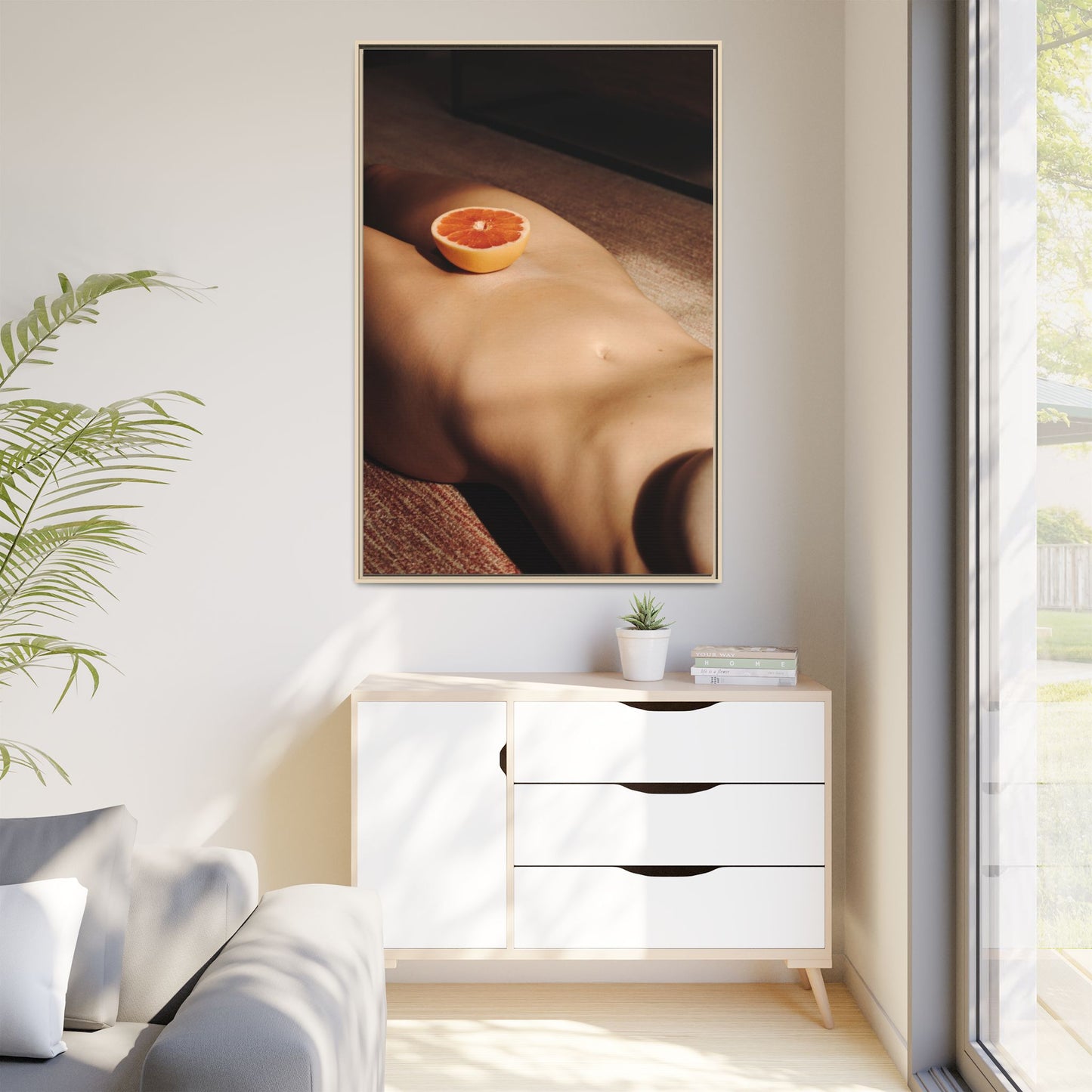 Framed Matte Canvas Wall Art — Minimal Nude Still Life with Grapefruit