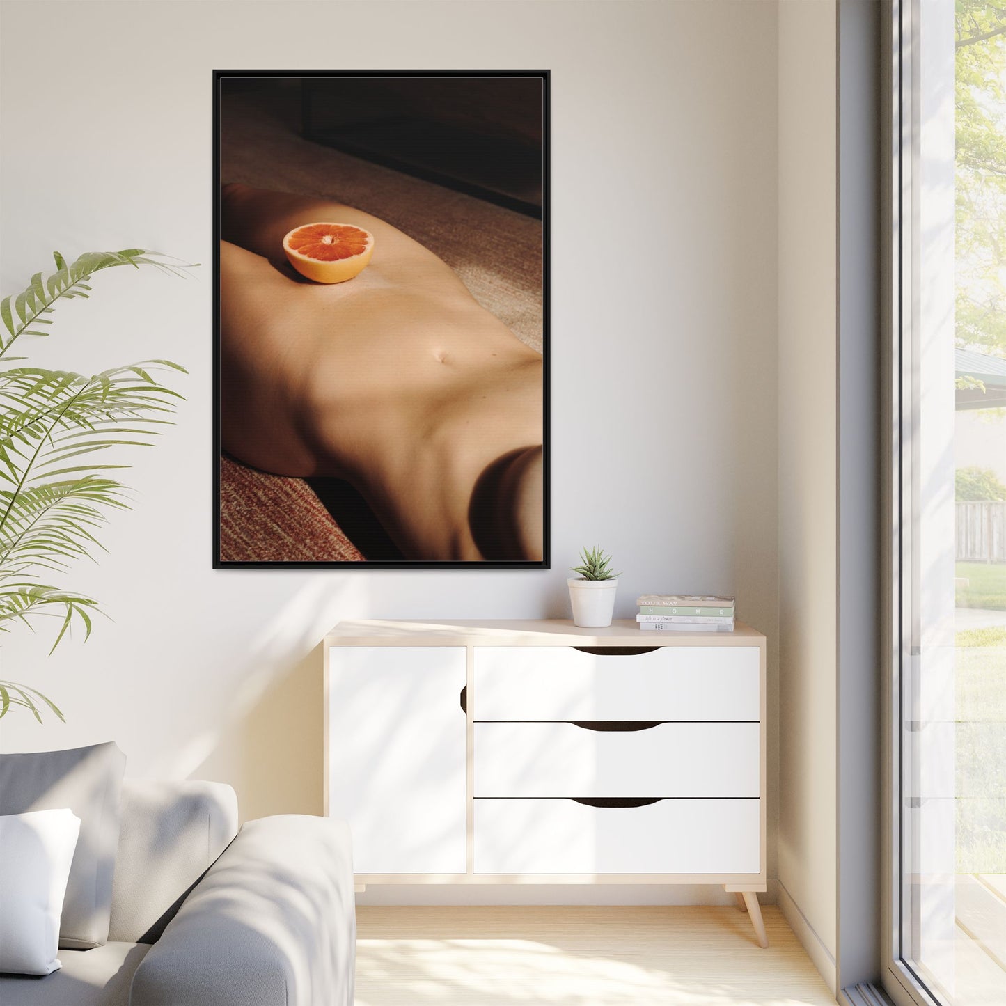 Framed Matte Canvas Wall Art — Minimal Nude Still Life with Grapefruit