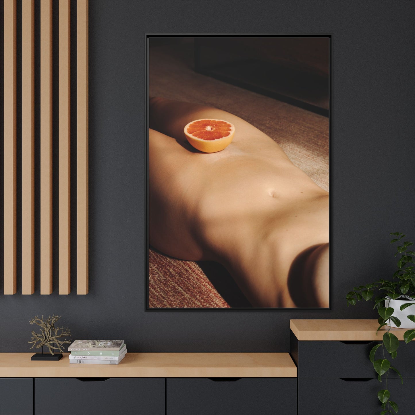 Framed Matte Canvas Wall Art — Minimal Nude Still Life with Grapefruit