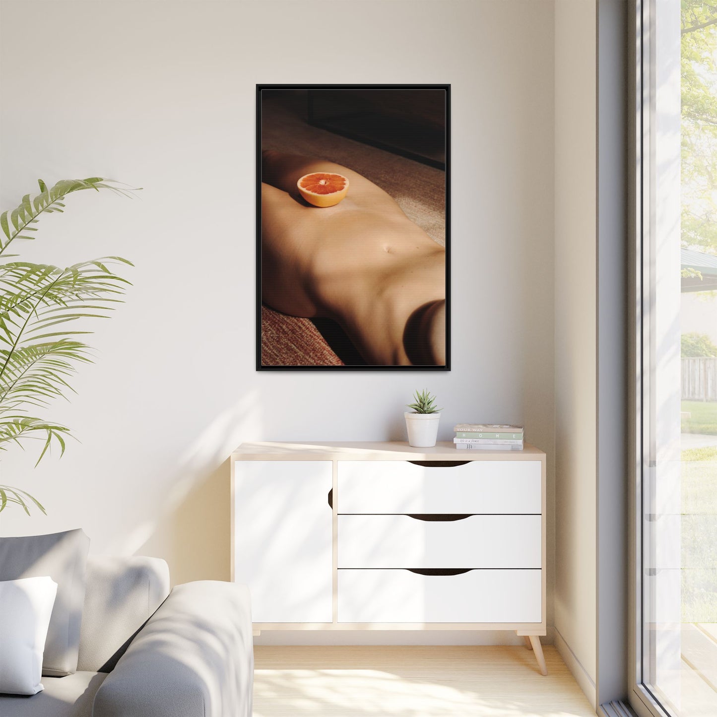 Framed Matte Canvas Wall Art — Minimal Nude Still Life with Grapefruit