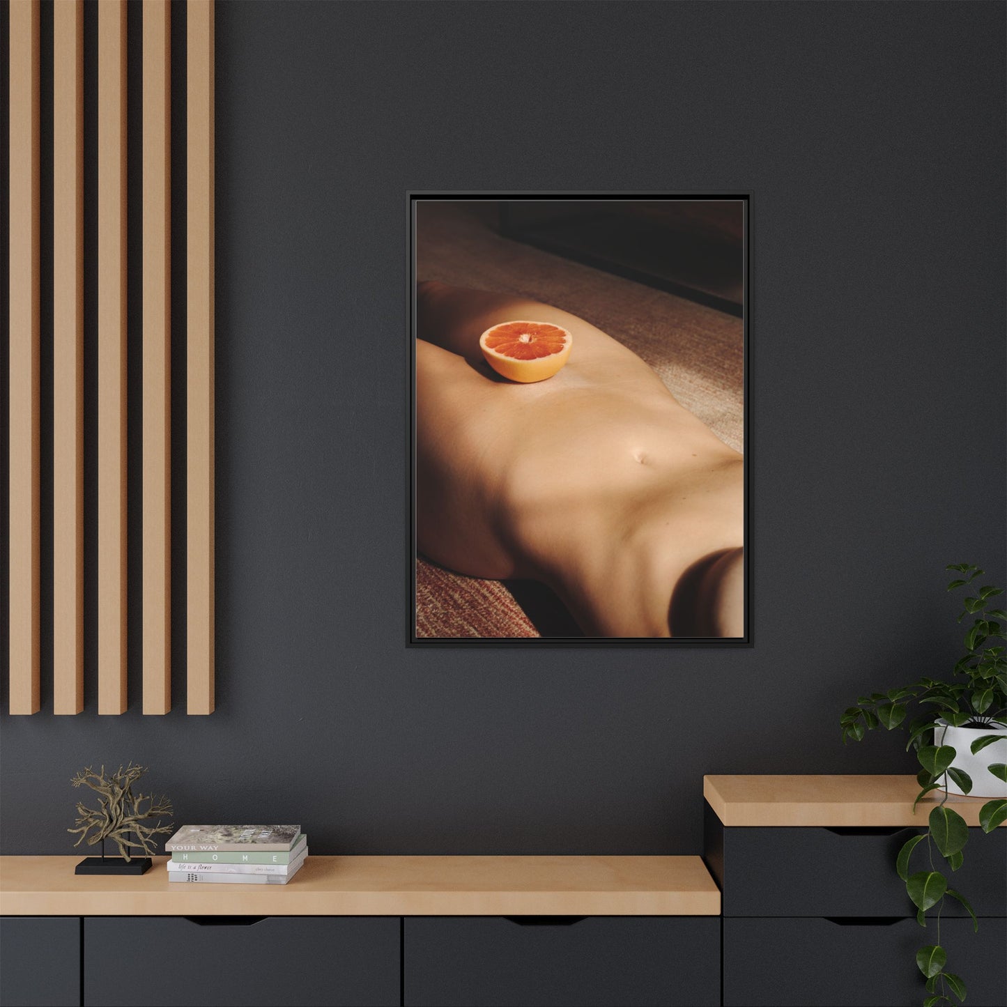 Framed Matte Canvas Wall Art — Minimal Nude Still Life with Grapefruit