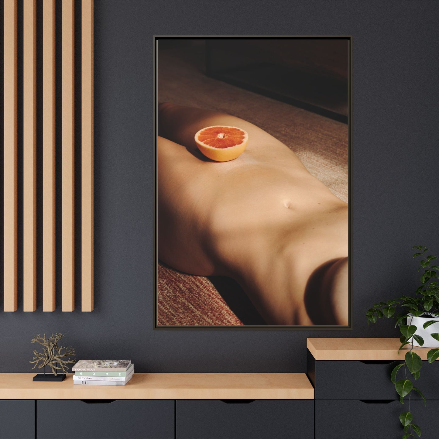 Framed Matte Canvas Wall Art — Minimal Nude Still Life with Grapefruit