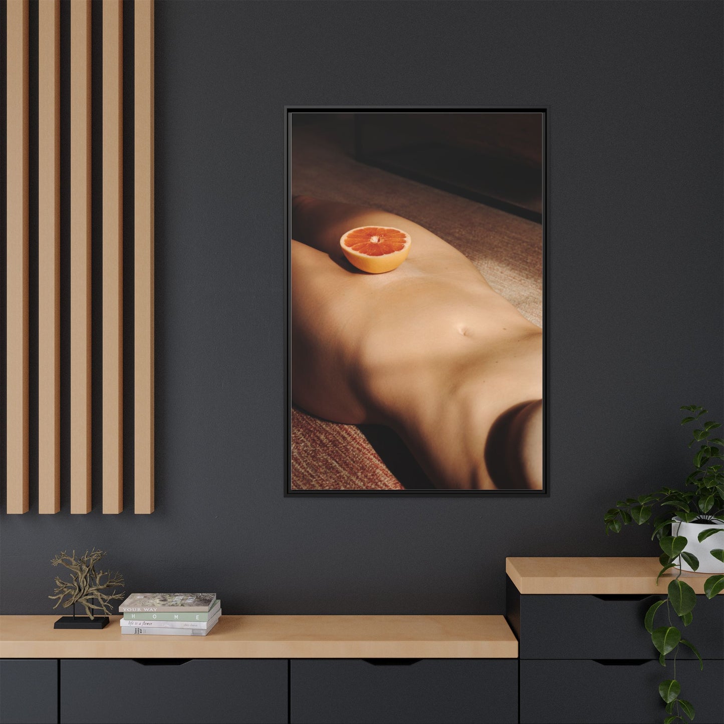 Framed Matte Canvas Wall Art — Minimal Nude Still Life with Grapefruit