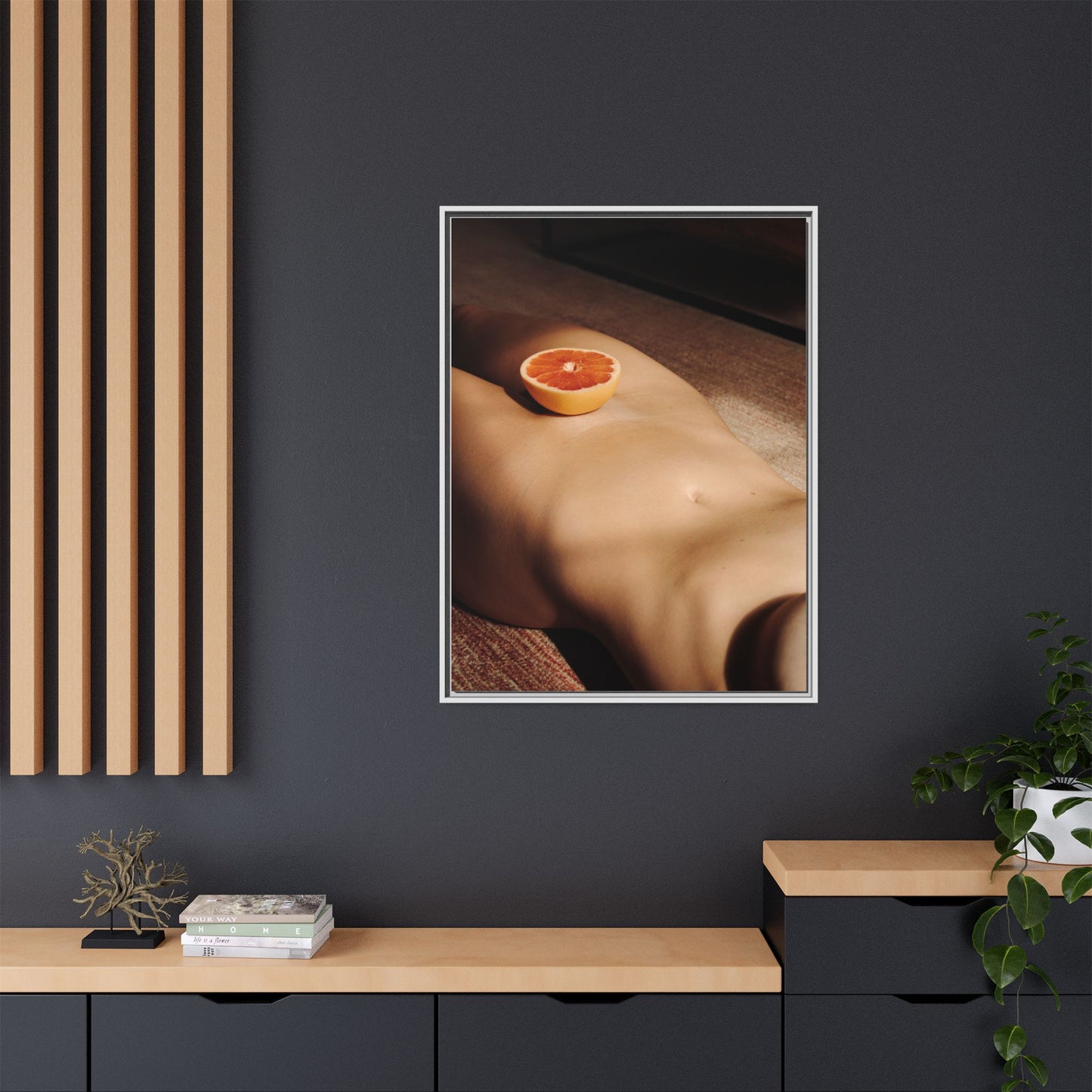 Framed Matte Canvas Wall Art — Minimal Nude Still Life with Grapefruit